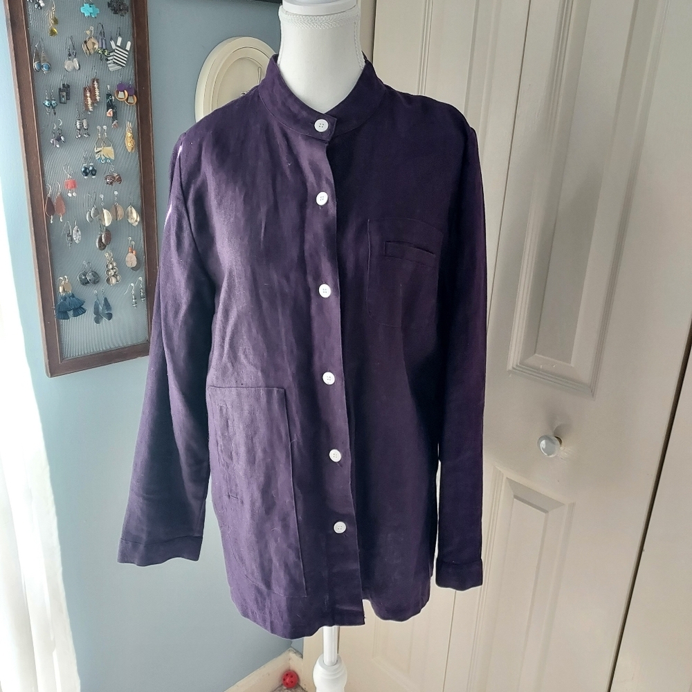 CJ Banks By Christopher & Banks Purple Linen Button-Up Shirt Jacket